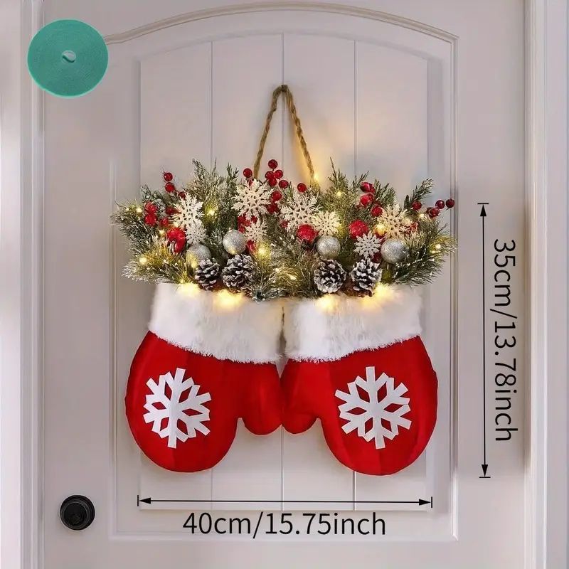Christmas Glove Wreath with 20 LED Lights – Front Door Christmas Decoration with Artificial Pine Branches, Red Berries & Frosted Pine Cones for Indoor or Outdoor Use