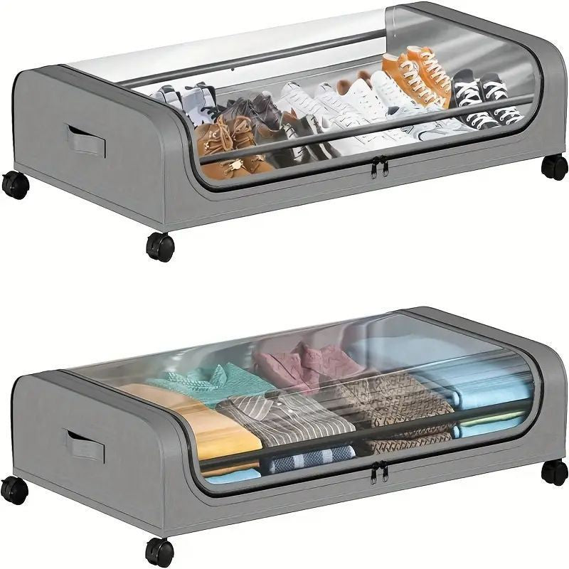 2-Pack Metal Under Bed Storage Organizer with Wheels and Lids – Rolling Underbed Bins for Clothes, Bedding, Shoes, Blankets, Books & Toys