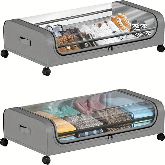 2-Pack Metal Under Bed Storage Organizer with Wheels and Lids – Rolling Underbed Bins for Clothes, Bedding, Shoes, Blankets, Books & Toys