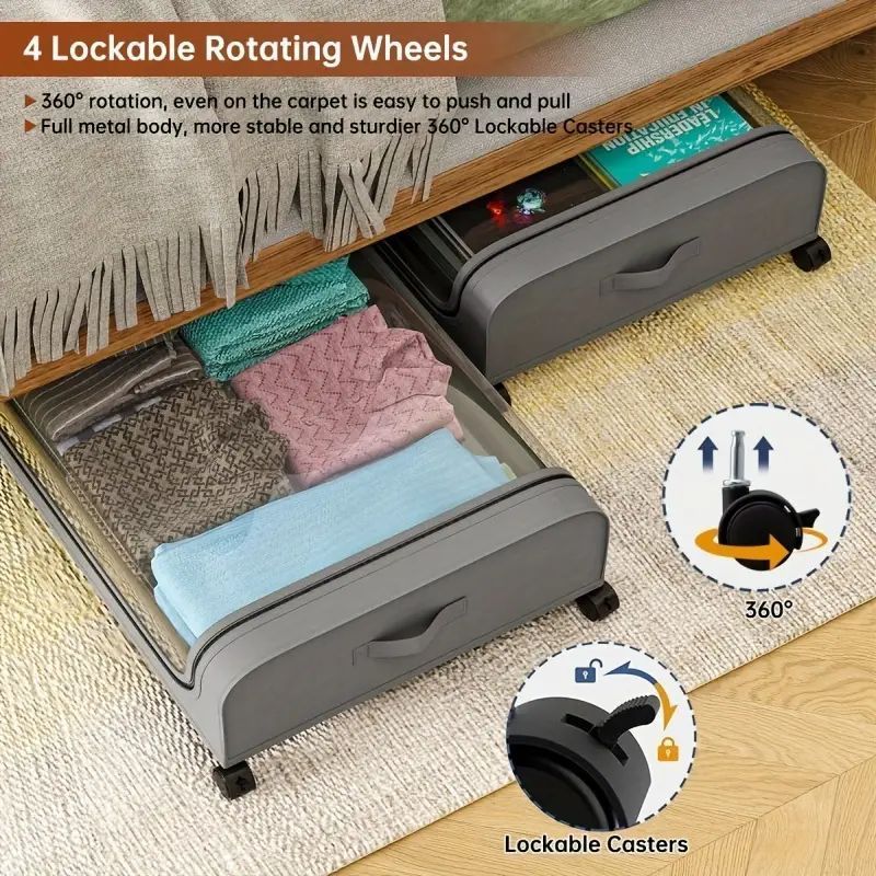 2-Pack Metal Under Bed Storage Organizer with Wheels and Lids – Rolling Underbed Bins for Clothes, Bedding, Shoes, Blankets, Books & Toys