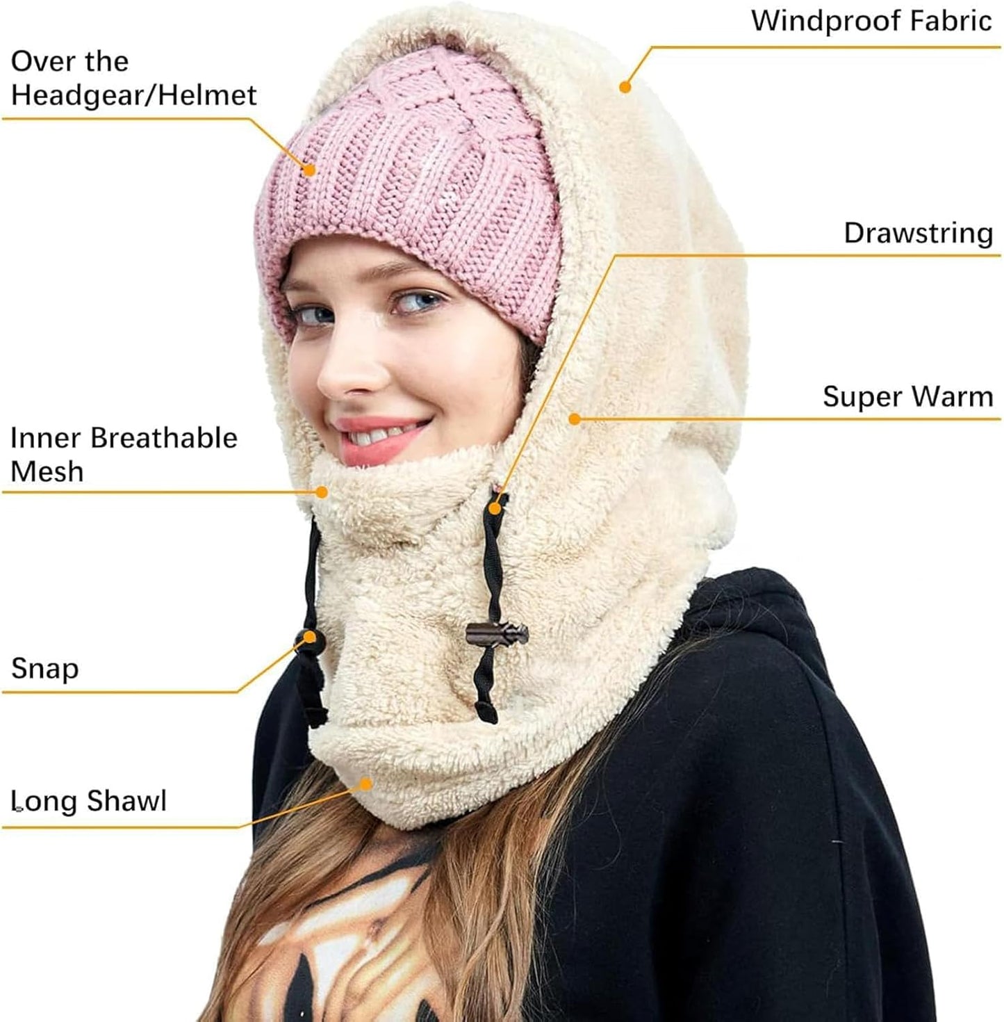 Sherpa Hood Ski Mask, Windproof Adjustable Winter Sherpa Hood, Warm Outdoor Sports Mask