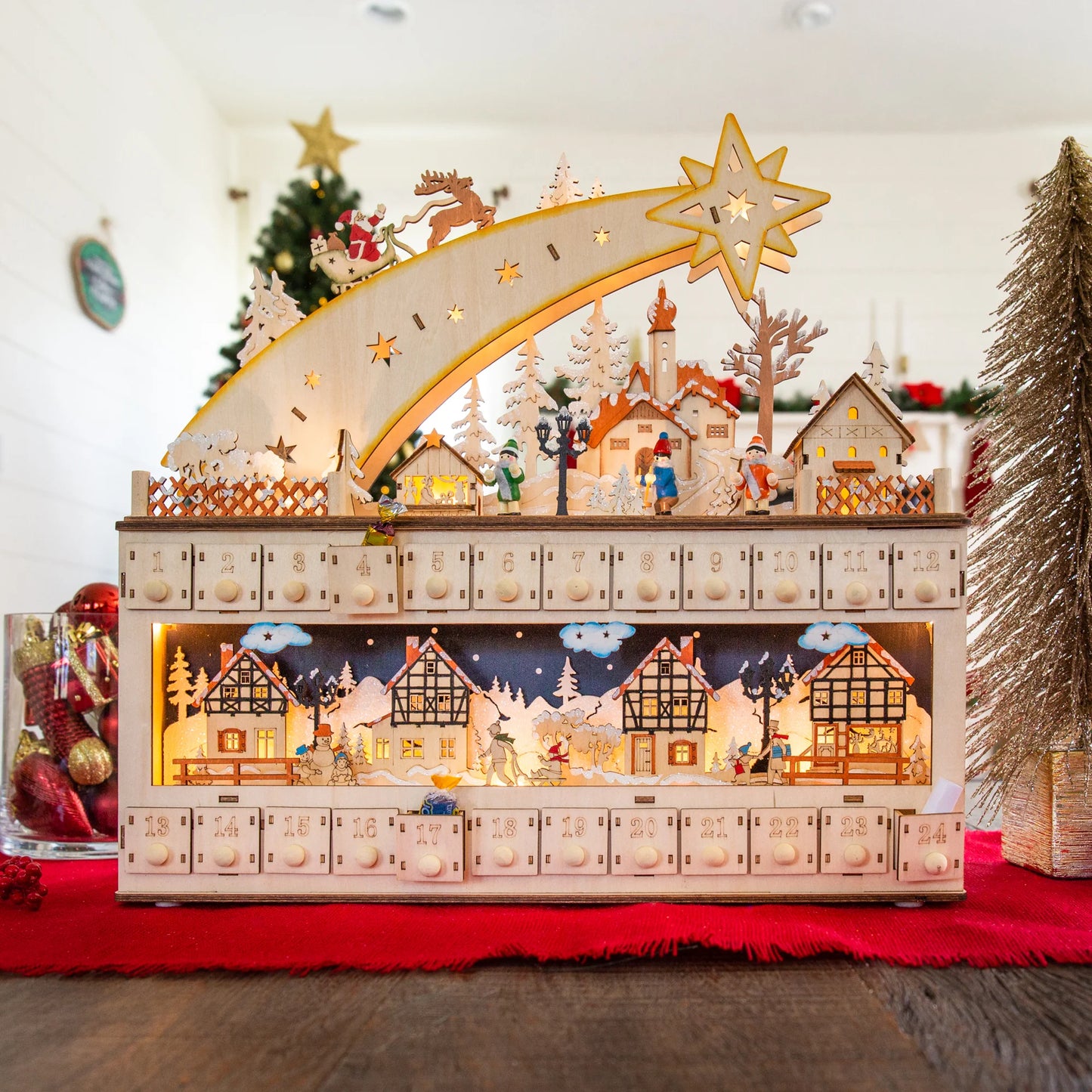 Wooden Christmas Shooting Star Advent Calendar – Holiday Decoration with LED Light Background