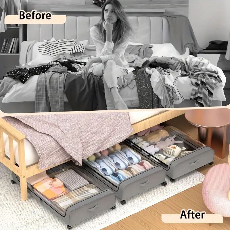 2-Pack Metal Under Bed Storage Organizer with Wheels and Lids – Rolling Underbed Bins for Clothes, Bedding, Shoes, Blankets, Books & Toys