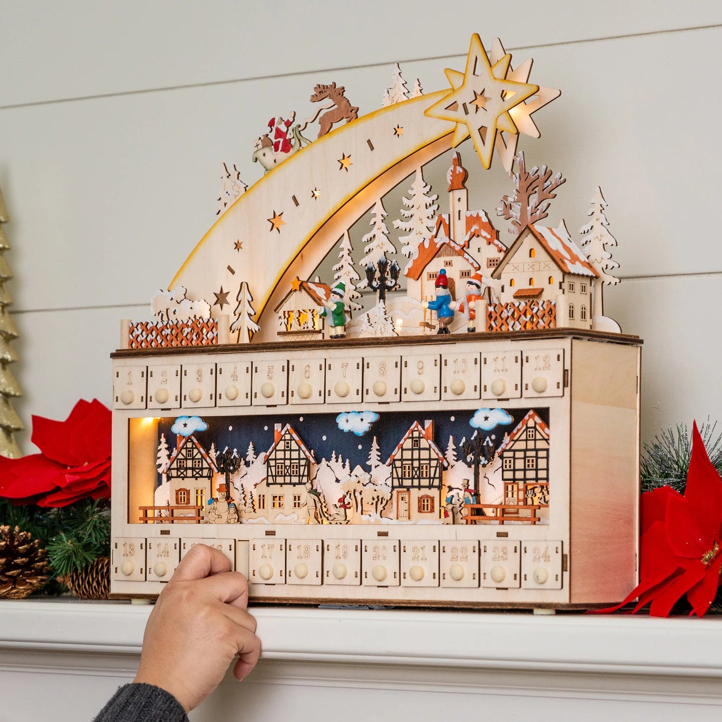Wooden Christmas Shooting Star Advent Calendar – Holiday Decoration with LED Light Background