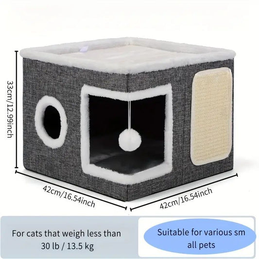 Foldable Multi-Tier Cat House with Bed, Tunnel & Scratching Post – Cozy Indoor Cube for Small Spaces