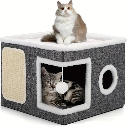 Foldable Multi-Tier Cat House with Bed, Tunnel & Scratching Post – Cozy Indoor Cube for Small Spaces
