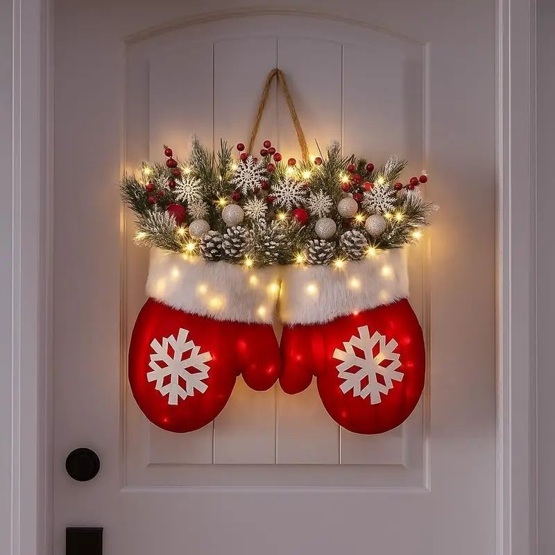 Christmas Glove Wreath with 20 LED Lights – Front Door Christmas Decoration with Artificial Pine Branches, Red Berries & Frosted Pine Cones for Indoor or Outdoor Use