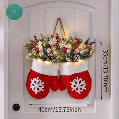 Christmas Glove Wreath with 20 LED Lights – Front Door Christmas Decoration with Artificial Pine Branches, Red Berries & Frosted Pine Cones for Indoor or Outdoor Use