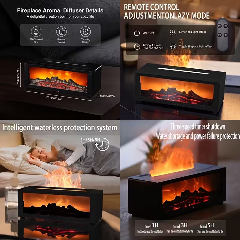 USB Fireplace Heater & Humidifier with Remote Control, 7-Color Flame Effect, Compact Design for Home