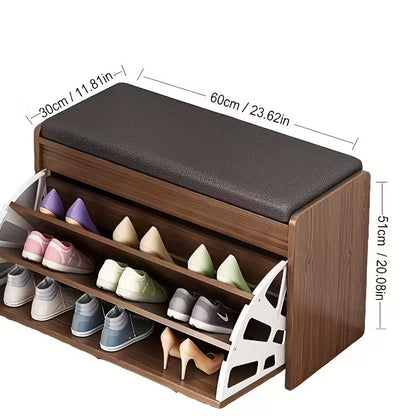 Shoe Bench with Flip Drawer and Cushion Seat – Entryway Shoe Rack Organizer for Home Storage Space