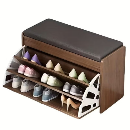 Shoe Bench with Flip Drawer and Cushion Seat – Entryway Shoe Rack Organizer for Home Storage Space