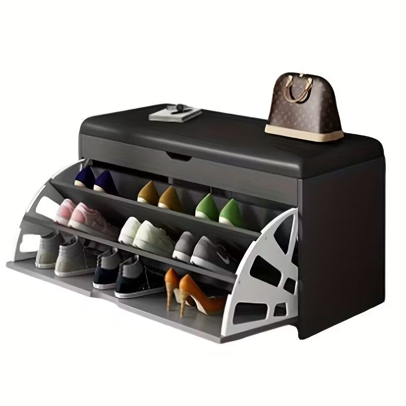 Shoe Bench with Flip Drawer and Cushion Seat – Entryway Shoe Rack Organizer for Home Storage Space