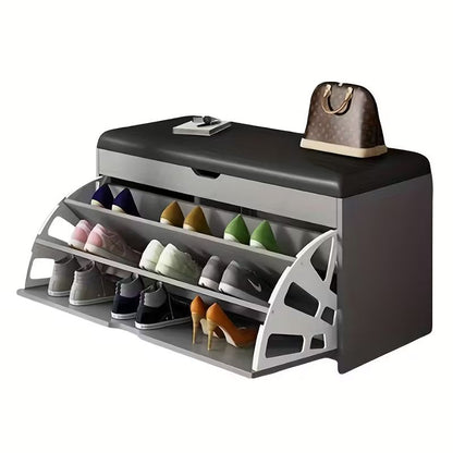 Shoe Bench with Flip Drawer and Cushion Seat – Entryway Shoe Rack Organizer for Home Storage Space
