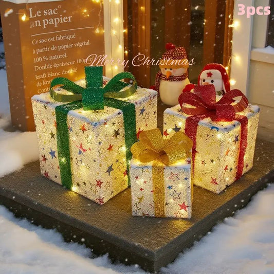 3pcs Lighted Christmas Gift Boxes with Warm LED Lights – Battery-Powered Indoor Outdoor Decorations
