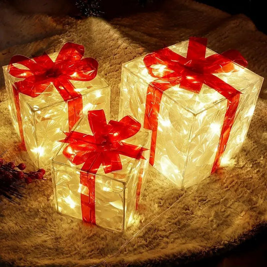 3pcs Lighted Christmas Gift Boxes with Warm LED Lights – Battery-Powered Indoor Outdoor Decorations